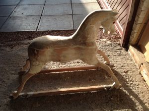 One week on, as you can see all the old paintwork has been removed from the horse. It has also been sandied down and the cracks filled up.