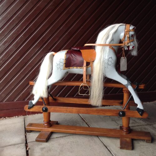 Roslin horse restored in all its glory, accessories are real horse hair on mane and tail, real leather saddle and saddle cloth and real brass stirrups with irons.